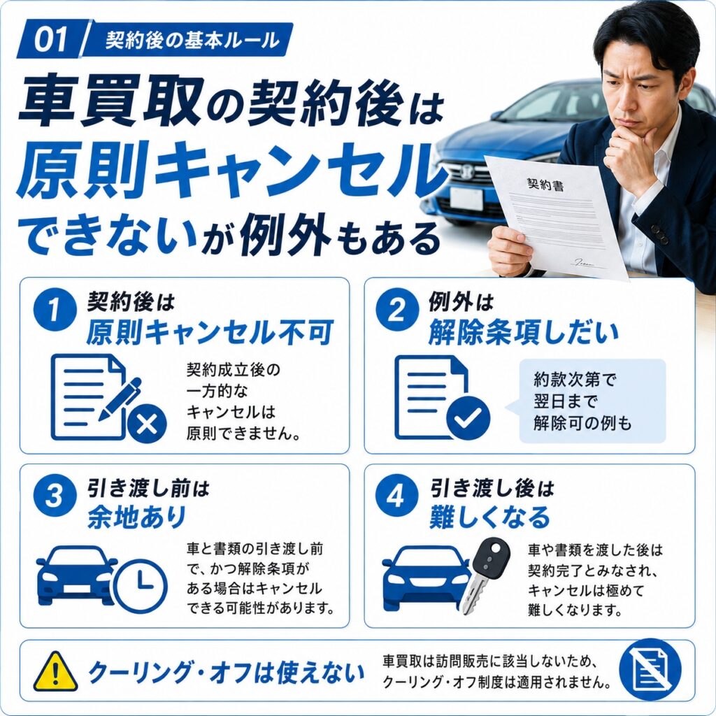 車買取の契約後は原則キャンセルできないが例外もある