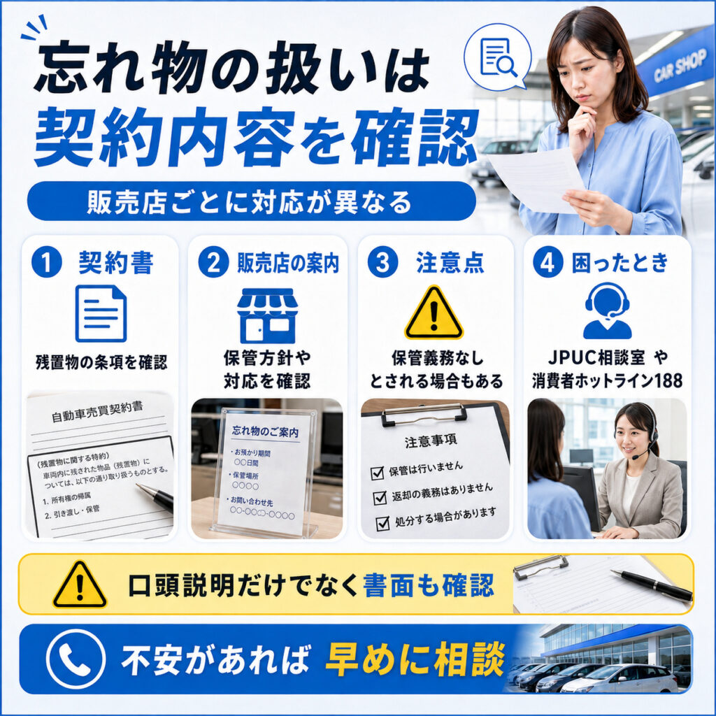 忘れ物の扱いは契約書と販売店の案内を確認する