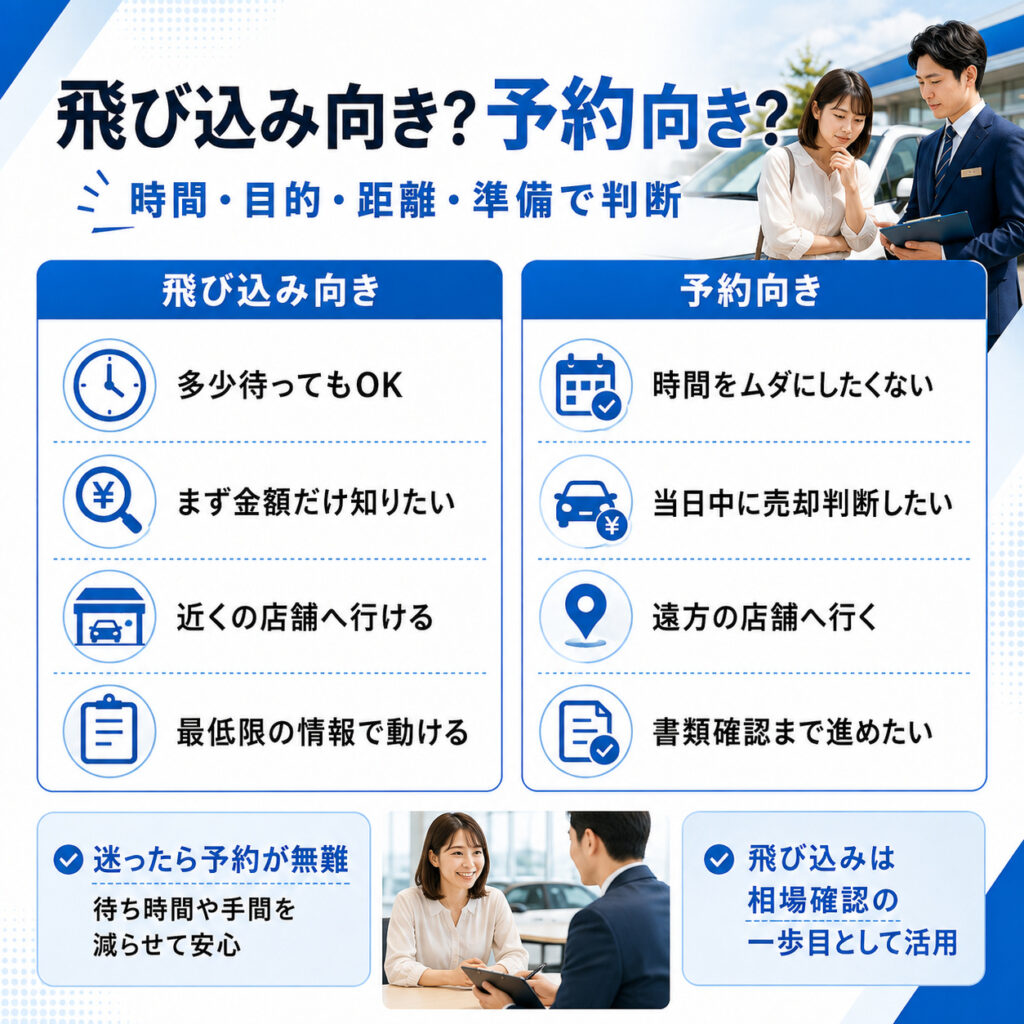 予約なしの飛び込み査定が向く人と予約したい人
