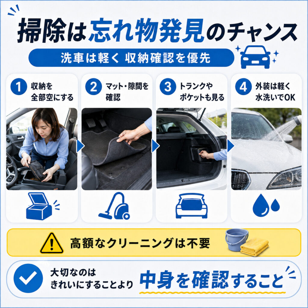 掃除と洗車は忘れ物確認を兼ねて簡単に行う
