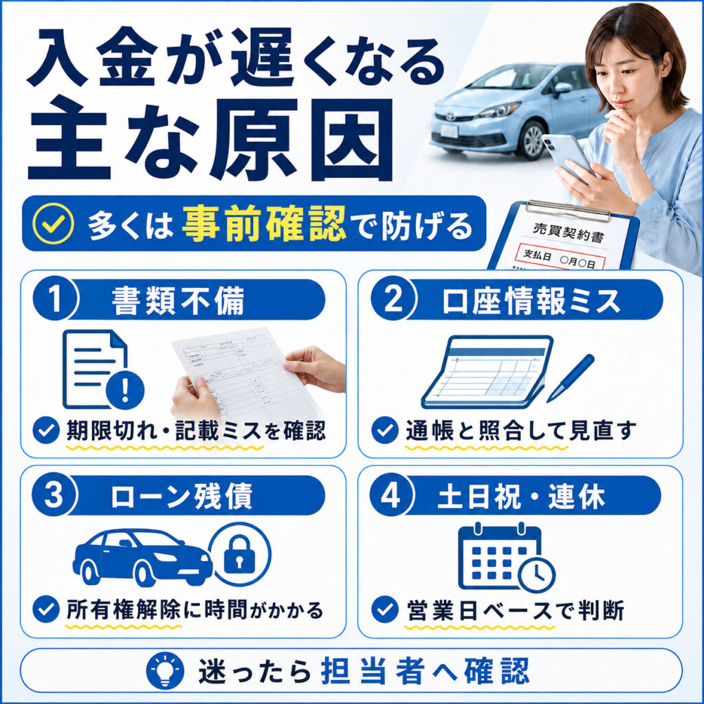 車買取の入金が遅くなる主な原因