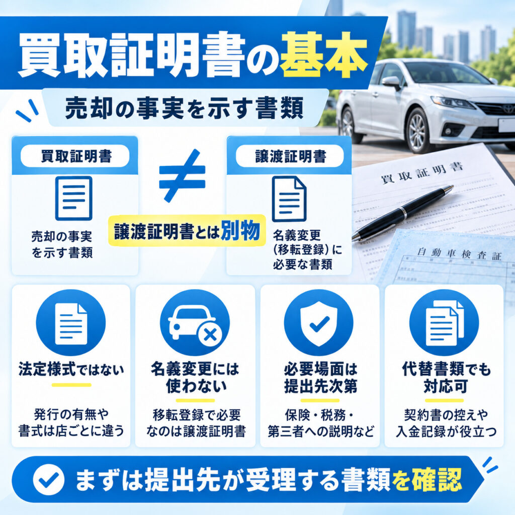 車の買取証明書は売却の事実を残す書類で名義変更書類とは別