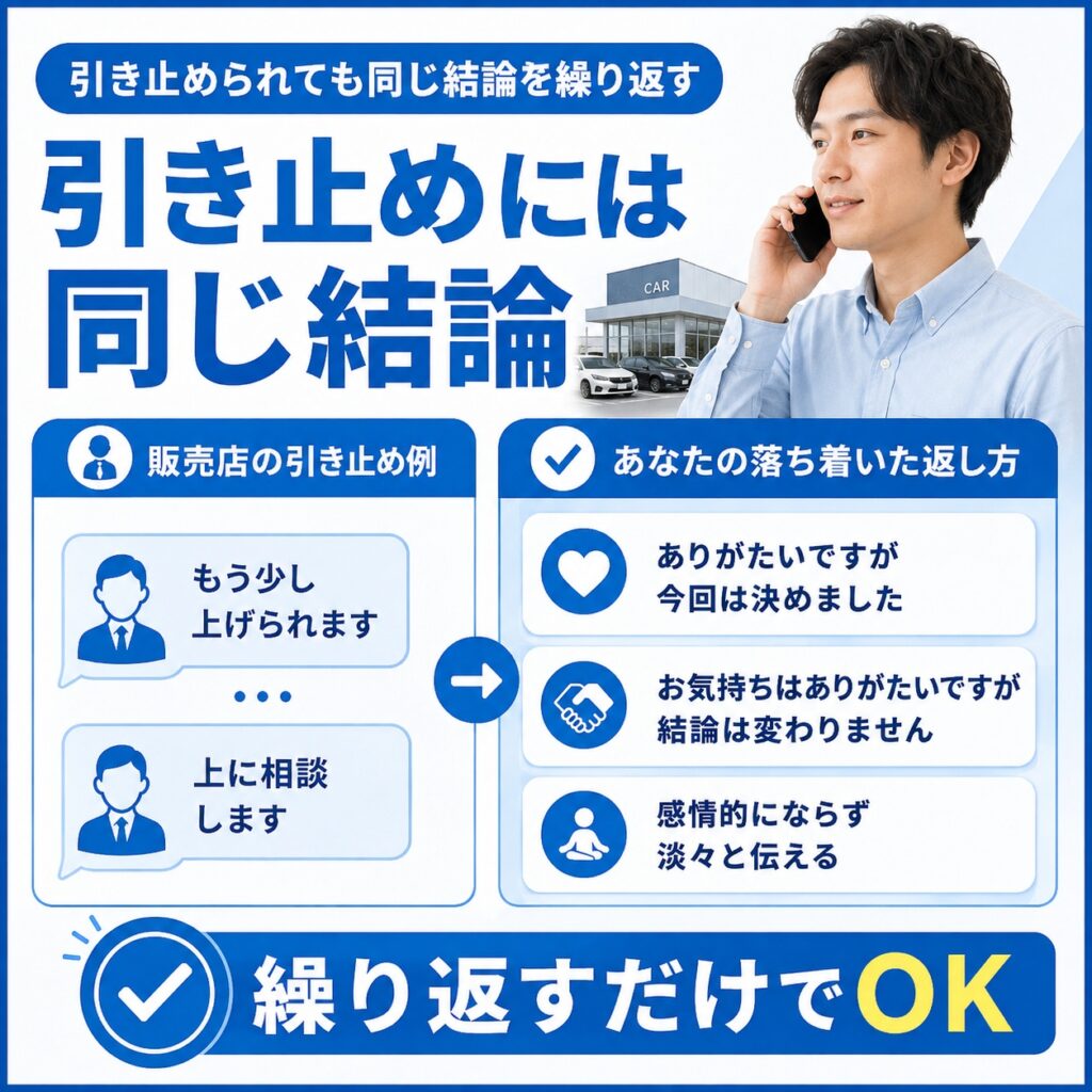 引き止められても同じ結論を繰り返す