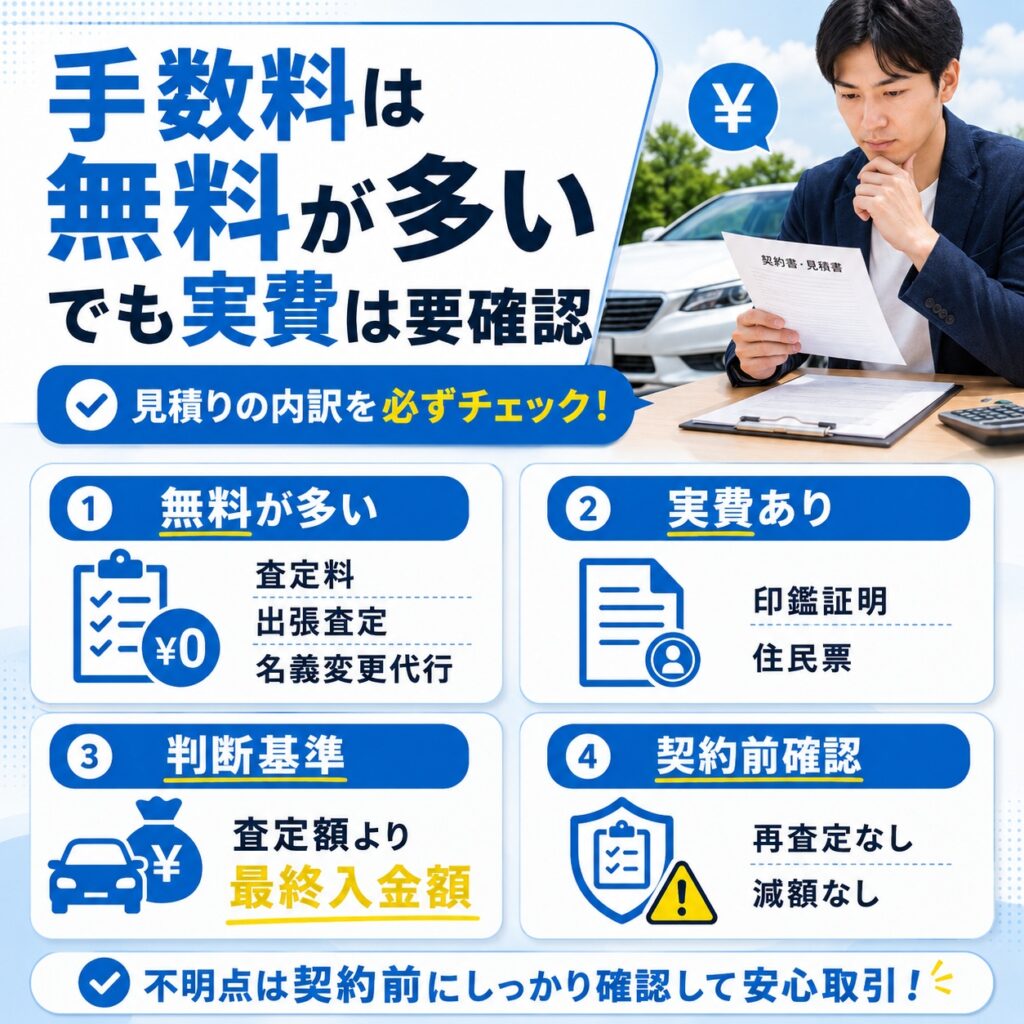 車買取の手数料は無料が多いが実費は確認が必要