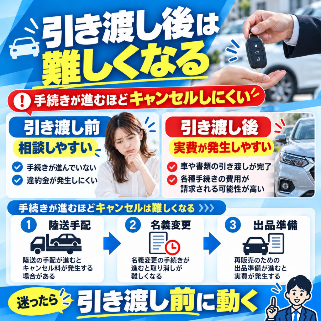 車両引き渡し後はキャンセルが難しくなりやすい