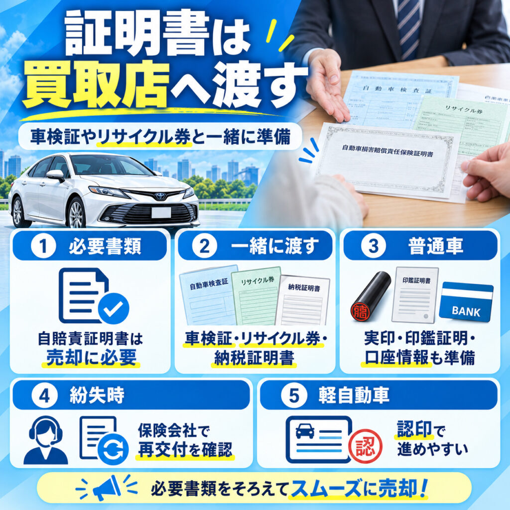 売却時は自賠責保険証明書を買取店へ渡す
