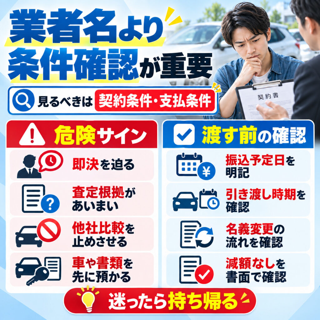 車買取詐欺は業者名より取引条件で見抜く