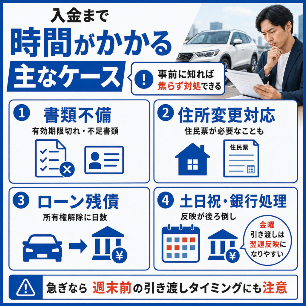 車買取の入金までに時間がかかる主なケース