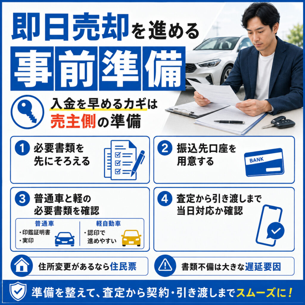 即日で車を売るために事前にそろえたい条件
