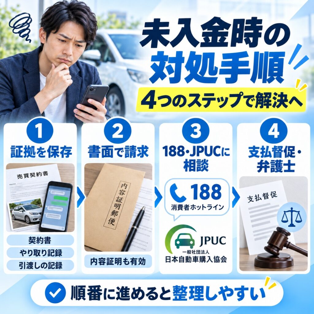 車買取代金が入金されないときの対処を順番に進める