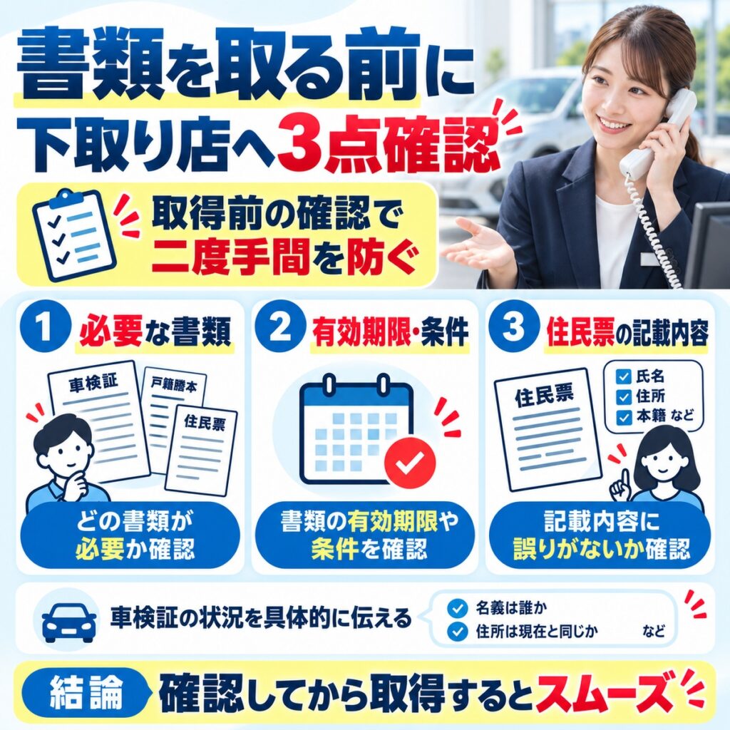 書類を取る前に下取り店へ3点確認する