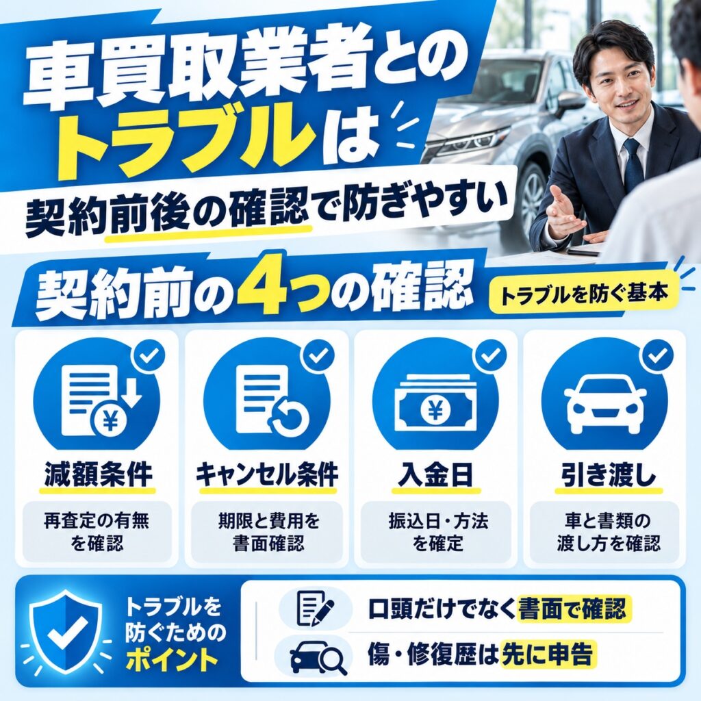 車買取業者とのトラブルは契約前後の確認で防ぎやすい